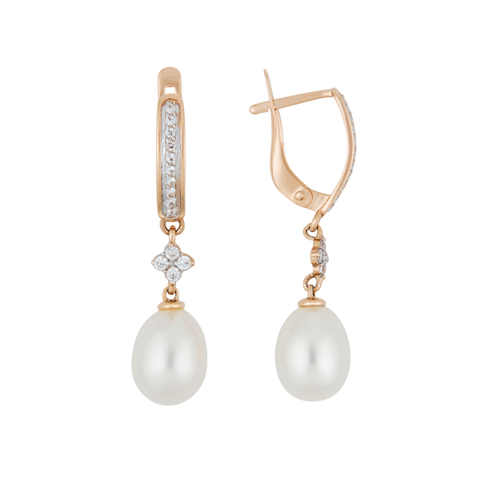 Серьги из золота 585 пробы c культ. жемчугом и фианитами, Л 0808 2364 за 34480