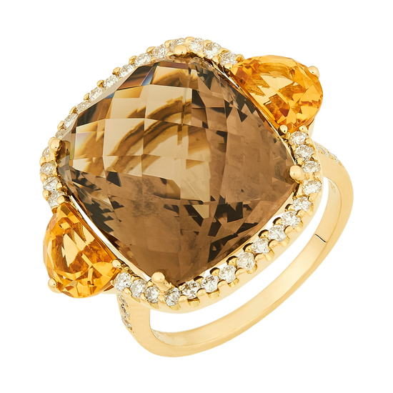 Кольцо из желтого золота 750 пробы c 42 бриллиантами и 1 раухтопазом и 2 цитринами