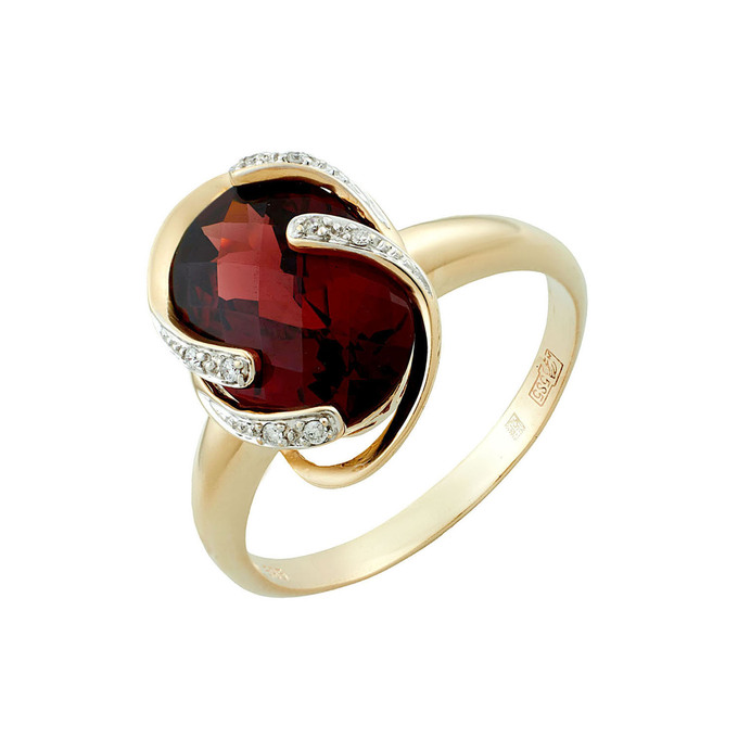 Кольцо из золота 585 пробы c гранатом и бриллиантами