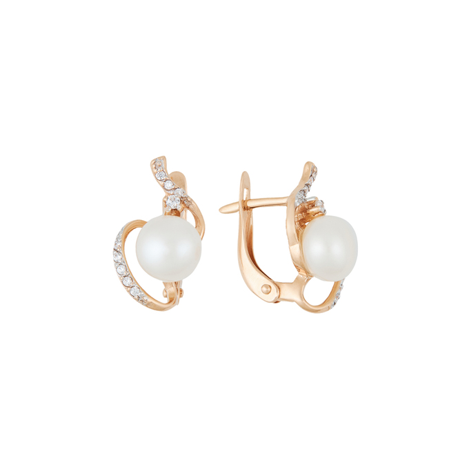 Серьги из золота 585 пробы c культ. жемчугом и фианитами, Л 0806 4349 за 29600