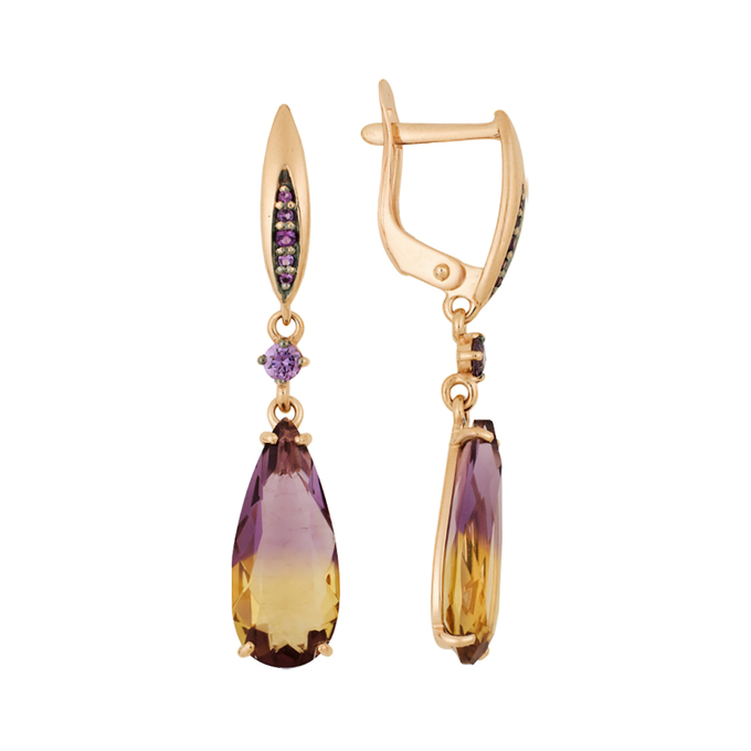 Серьги из золота 585 пробы c аметринами и синтетическими камнями