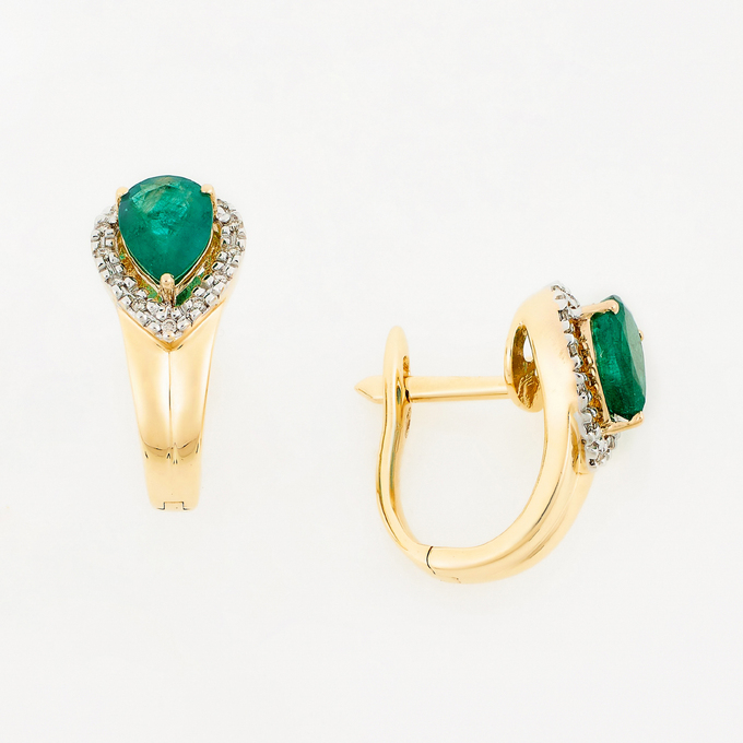 Серьги золото, 585, 3 к.,4,25 гр. (чистый вес 4,165 гр.); 26 Бриллиант Кр57 6/6 вес 0,078 ct, 2 Изумруд ГР 3/3 вес 0,9 ct