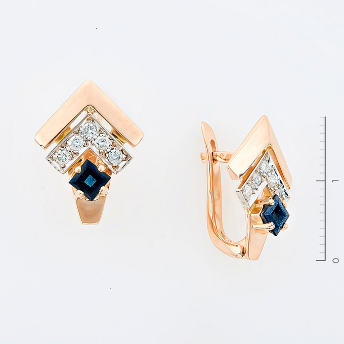 Серьги из золота 585 пробы c 10 бриллиантами и 2 сапфирами