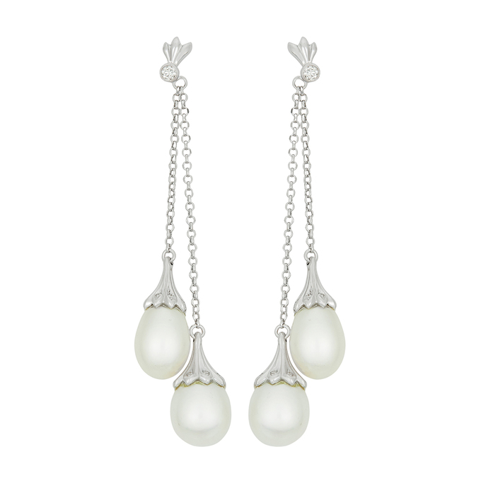 Серьги из золота 585 пробы c бриллиантами и культивированным жемчугом