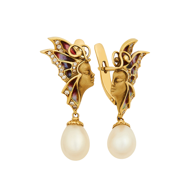 Серьги из золота 750 пробы c бриллиантами, эмалью и культивированным жемчугом, Ц О007 2282 за 120000