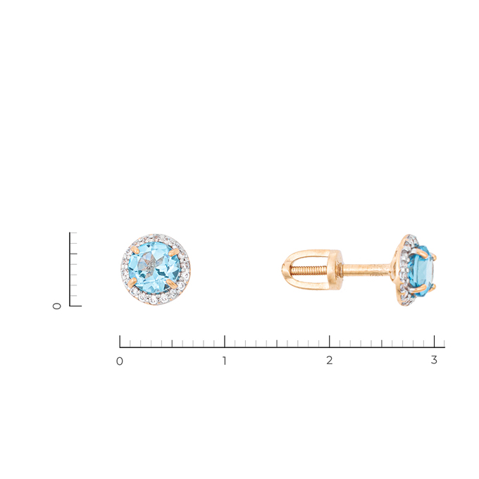 Серьги-пусеты золото, 585, 2 к.,1,42 гр. (чистый вес 1,059 гр.); 2 Топаз, 36 Фианит