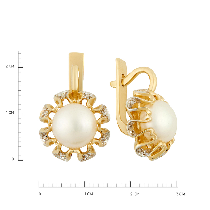 Серьги из золота 585 пробы c бриллиантами и культивированным жемчугом