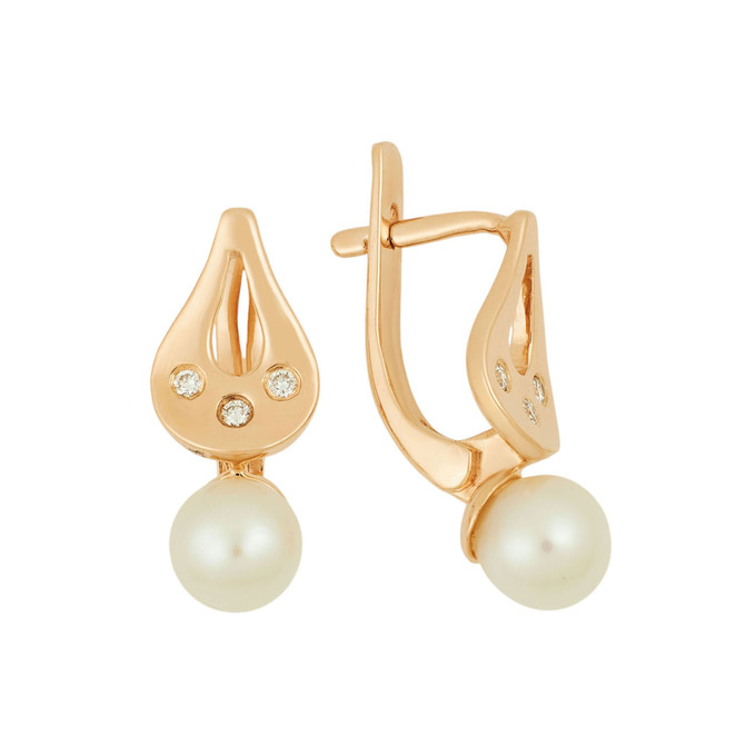 Серьги из золота 585 пробы c бриллиантами и культивированным жемчугом, Ц О007 2443 за 41120