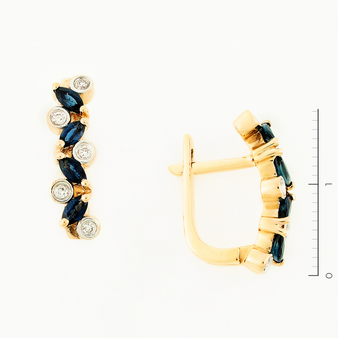 Серьги золото, 585, 3 к.,4,36 гр. (чистый вес 4,273 гр.); 10 Бриллиант Кр57 6/6 вес 0,1 ct, 8 Сапфир М 4/3 вес 0,64 ct