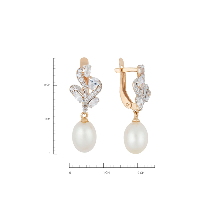 Серьги из золота 585 пробы c 32 фианитами и 2 культ. жемчугами, Л 2810 8736 за 35920