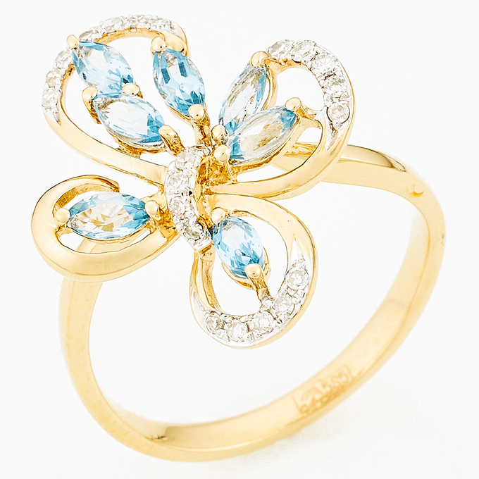 Кольцо из комбинированного золота 585 пробы c 24 бриллиантами и 7 топазами