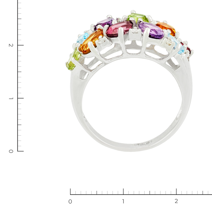 Кольцо из белого золота 750 пробы c 2 цитринами и 2 хризолитами и 2 турмалинами и 2 топазами и 2 аметистами и 8 бриллиантами и 2 цитринами и 2 хризоли