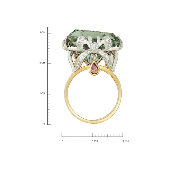 Кольцо из золота 750 пробы c празиолитом, аметистами и бриллиантами, Л 2811 7098 за 195000