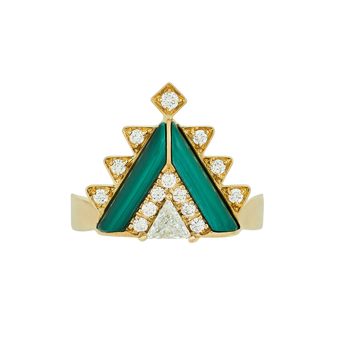 Кольцо из золота 750 пробы c бриллиантами и малахитами, Л 0616 4812 за 132000