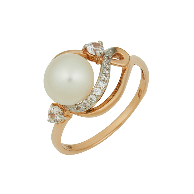 Кольцо из золота 585 пробы c культивированным жемчугом и фианитами