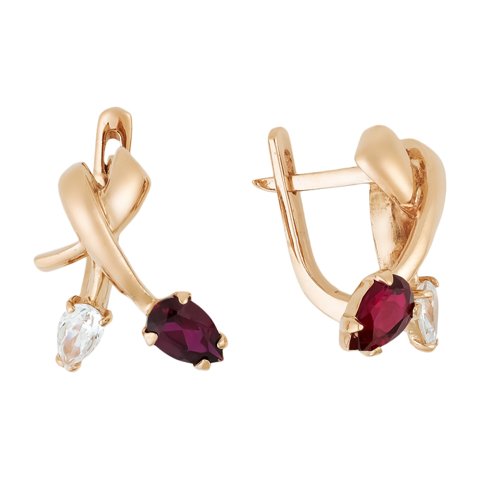 Серьги из красного золота 585 пробы c 2 фианитами и 2 корундами