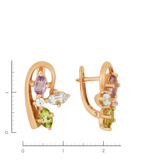 Серьги из красного золота 585 пробы c 2 хризолитами и 2 топазами и 2 аметистами и 2 фианитами, Л 3309 0327 за 28980