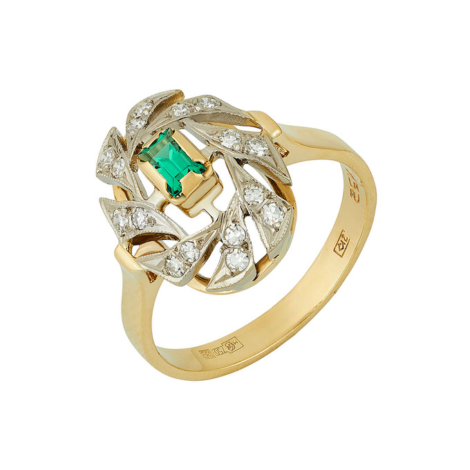 Кольцо из золота 750 пробы c бриллиантами и синтетическим изумрудом