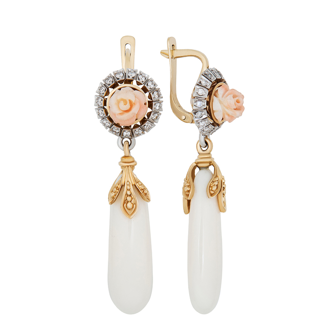 Серьги из золота 585 пробы c бриллиантами, кораллами и ониксами, Ц О007 0533 за 125000