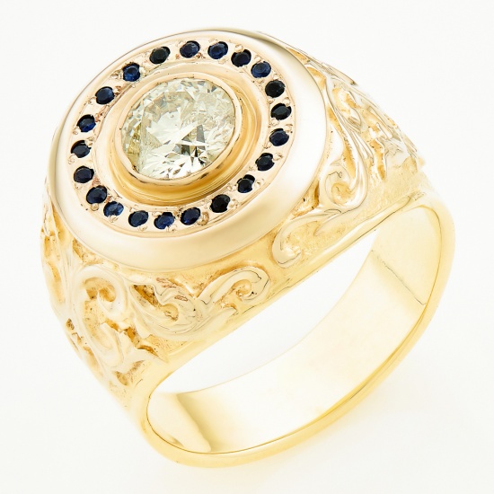 Кольцо из комбинированного золота 585 пробы c 1 бриллиантом и 21 сапфирами