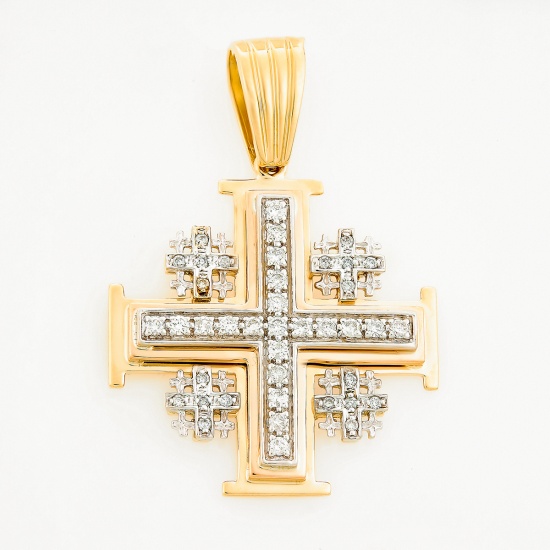 Крестик из комбинированного золота 585 пробы c 41 бриллиантами