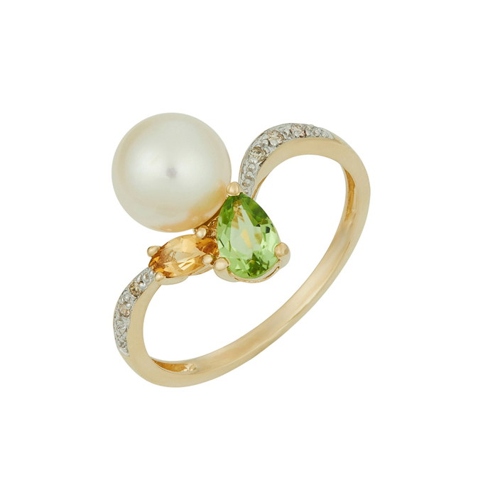 Кольцо из золота 585 пробы c хризолитом, цитрином, бриллиантами и культивированным жемчугом