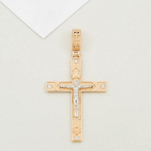 Крестик из комбинированного золота 585 пробы c 4 бриллиантами 124532 фото 1