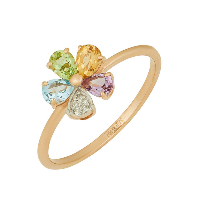Кольцо из золота 585 пробы c топазом, аметистом, цитрином, хризолитом и бриллиантами