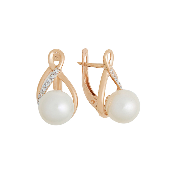Серьги из золота 585 пробы c культ. жемчугом и фианитами, Л 7502 3472 за 37920