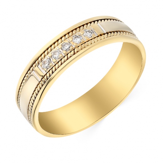Кольцо обручальное из комбинированного золота 585 пробы c 5 бриллиантами 044736 фото 1