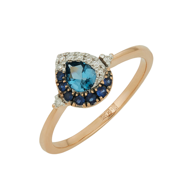 Кольцо из золота 585 пробы c топазом Лондон, бриллиантами и сапфирами