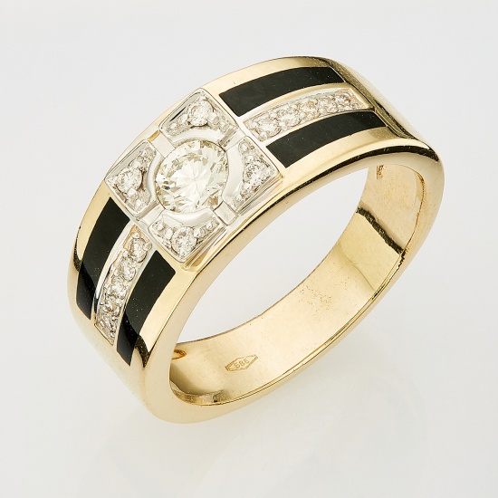 Кольцо печатка из комбинированного золота 585 пробы c 15 бриллиантами и эмалями