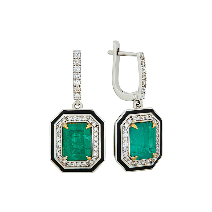 Серьги из золота 750 пробы c Изумруд, Бриллиант и Эмаль