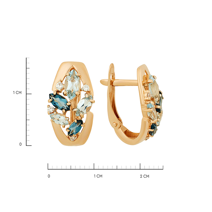 Серьги из золота 585 пробы c топазами, топазами Лондон и фианитами