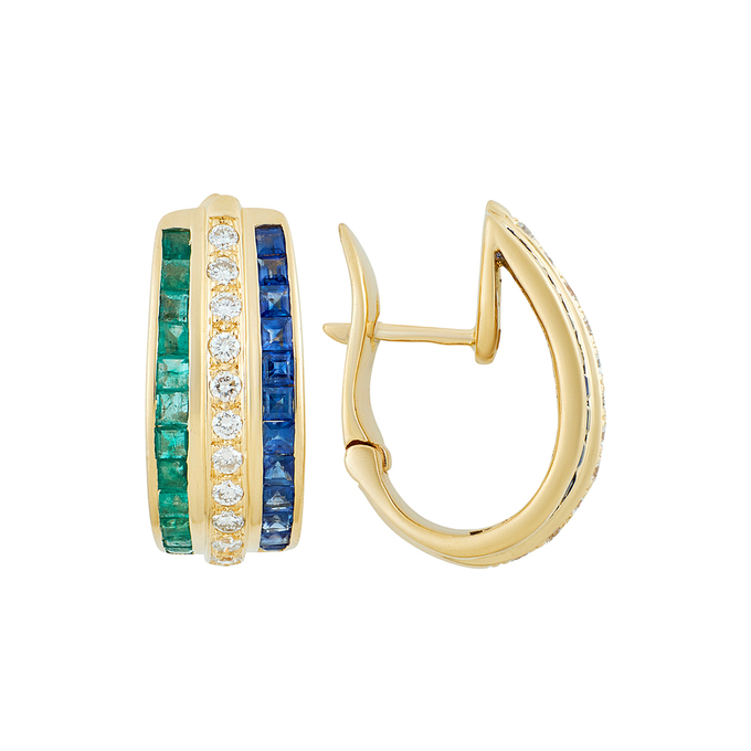 Серьги из золота 585 пробы c сапфирами, изумрудами и бриллиантами