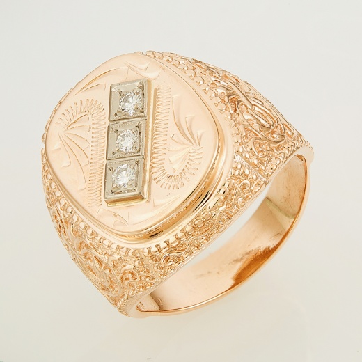 Кольцо печатка из комбинированного золота 585 пробы c 3 бриллиантами 124159 фото 1
