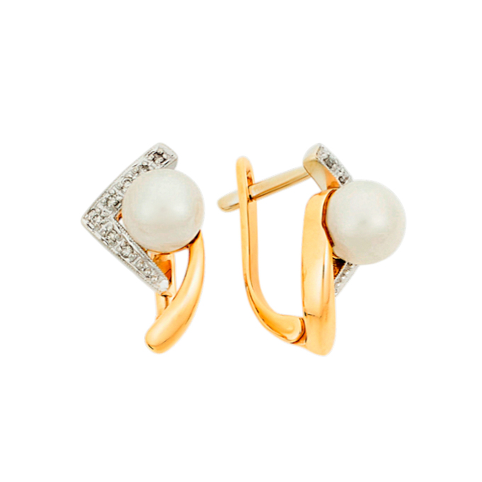 Серьги из золота 585 пробы c бриллиантами и культивированным жемчугом