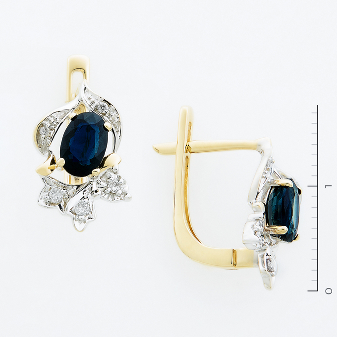 Серьги из золота 585 пробы c 10 бриллиантами и 2 сапфирами