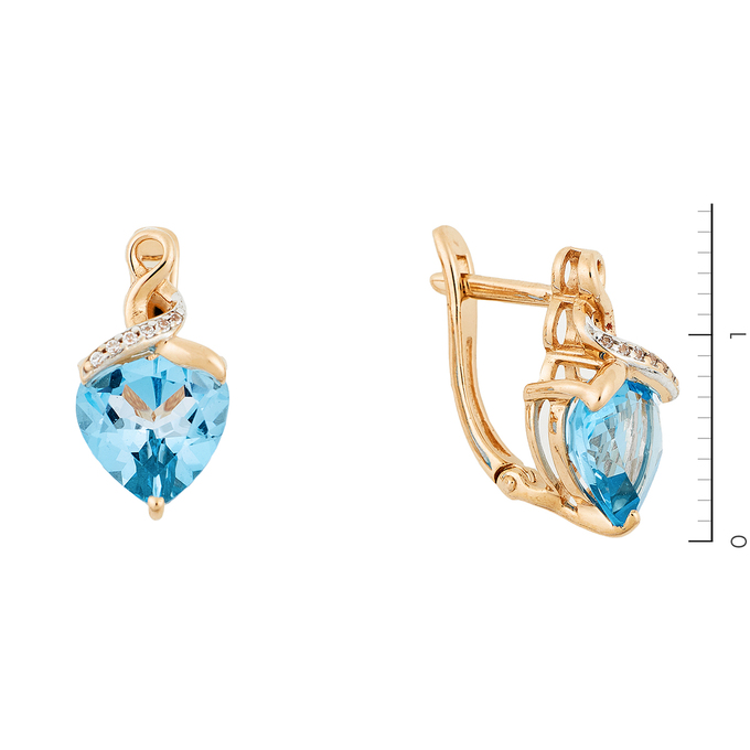 Серьги из красного золота 585 пробы c фианитами и 2 топазами