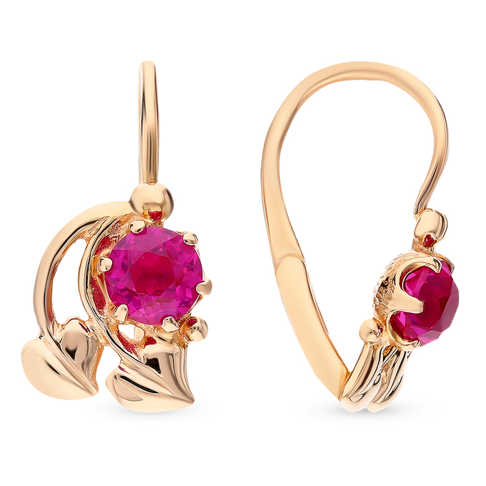 Серьги из красного золота 585 пробы c корундами