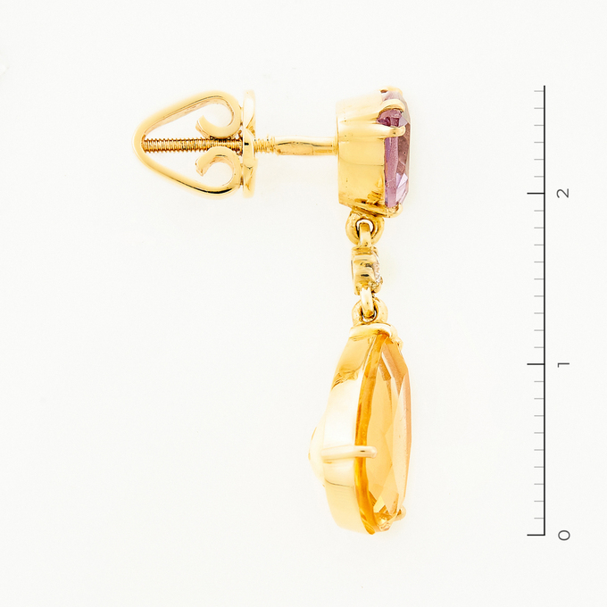 Серьги золото, 585, 3 к.,5,06 гр. (чистый вес 4,959 гр.) со следами износа асимметричные; 2 Бриллиант Кр57 6/7 вес 0,08 ct, 2 Аметист, 2 Цитрин