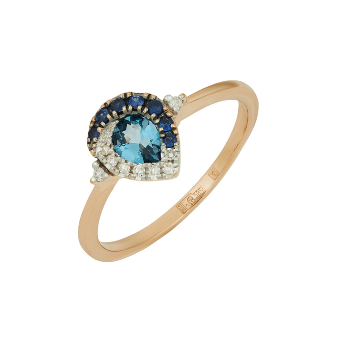 Кольцо из золота 585 пробы c топазом Лондон, бриллиантами и сапфирами