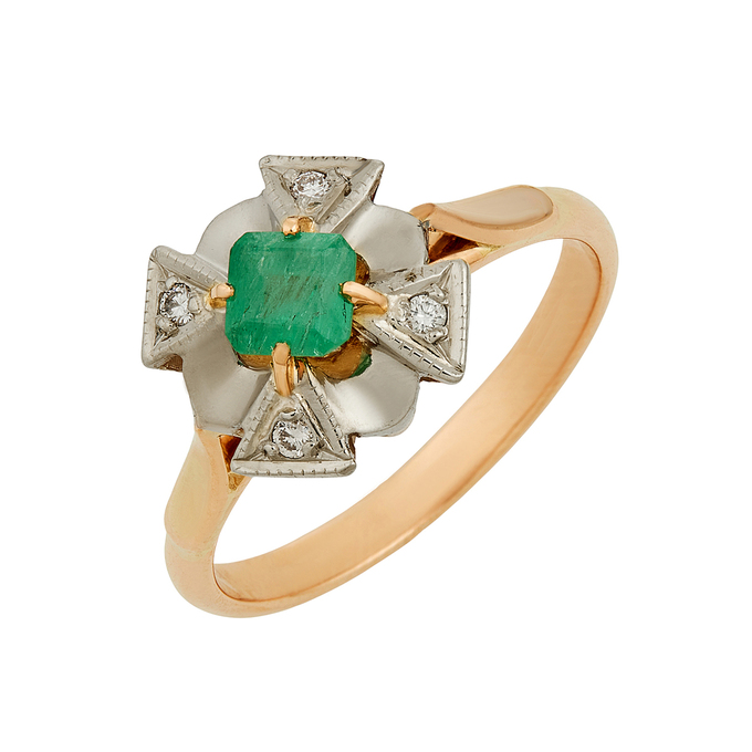 Кольцо из золота 585 пробы c бриллиантами и синтетическим изумрудом