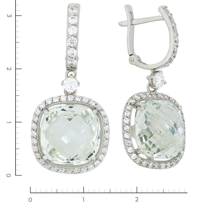 Серьги из белого золота 585 пробы c 76 фианитами и 2 празиолитами