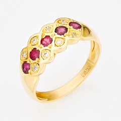 Кольцо из желтого золота 750 пробы c 3 бриллиантами и 5 упр. огр. бриллиантами и 5 рубинами