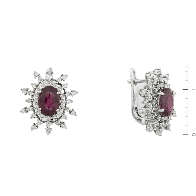 Серьги из белого золота 585 пробы c 84 бриллиантами и 2 стекл. рубинами