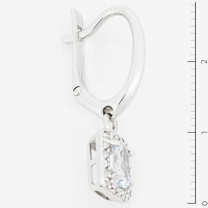 Серьги золото, 585, 3 к.,3,07 гр. (чистый вес 3,07 гр.); 36 Бриллиант Кр17 3/4 вес 0,108 ct, 2 Аквамарин