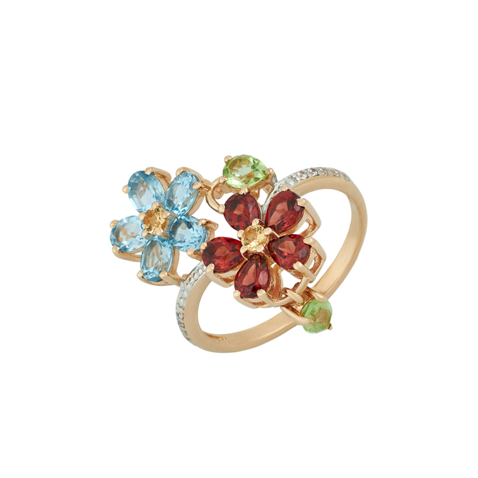Кольцо из золота 585 пробы c топазами, гранатами, хризолитами, цитринами и фианитами