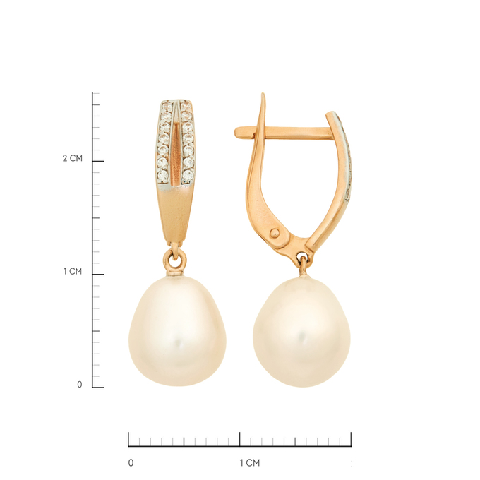 Серьги из золота 585 пробы c культивированным жемчугом и фианитами