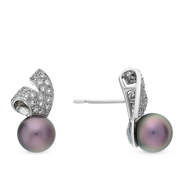 Пусеты из белого золота 750 пробы c 42 бриллиантами и культ. жемчугами